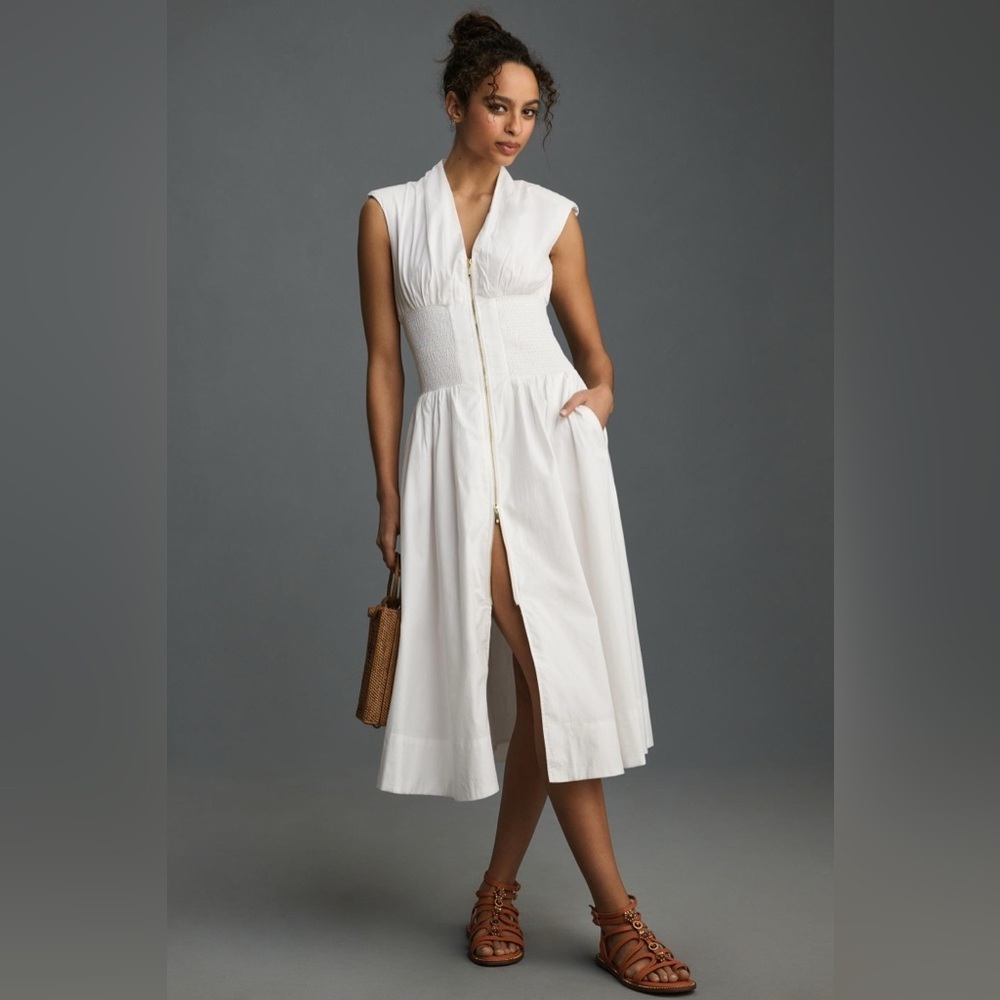 Anthropologie The Tommie Cap-Sleeve Smocked Front-Zip Shirt Dress Sz XS NWT FLAW